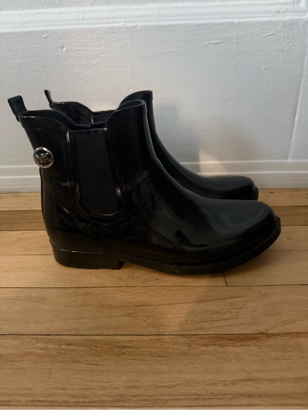 Michael Kors Black Patent Chelsea Rain Booties